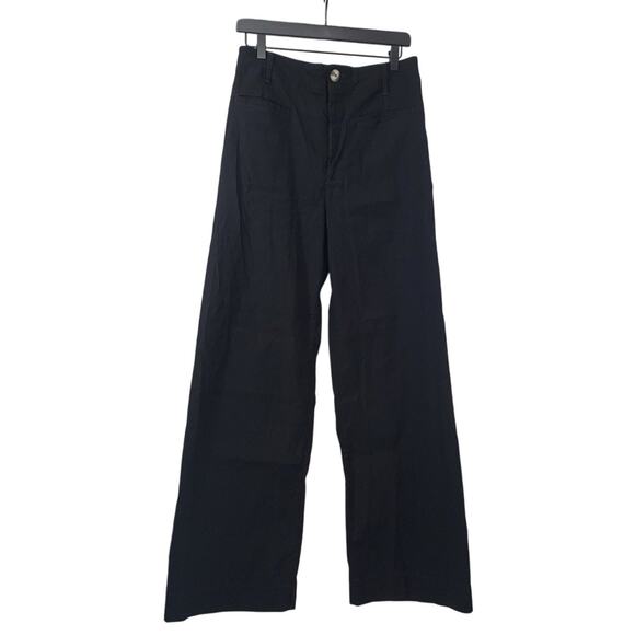 Maeve Anthropologie The Colette Wide Leg Black Pants Contrast Stitch Sz 30 Linen - Picture 1 of 8